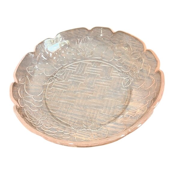 Vintage Pink Glass Bowl W/ Fruit & Basket Weave Design 1.5" Tall 7.5" Diameter S - Picture 3 of 4